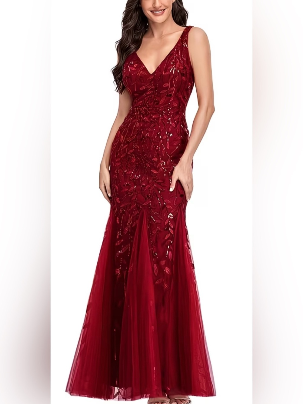 Elegant V-Neck Sequin Embellished Burgundy Evening Gown